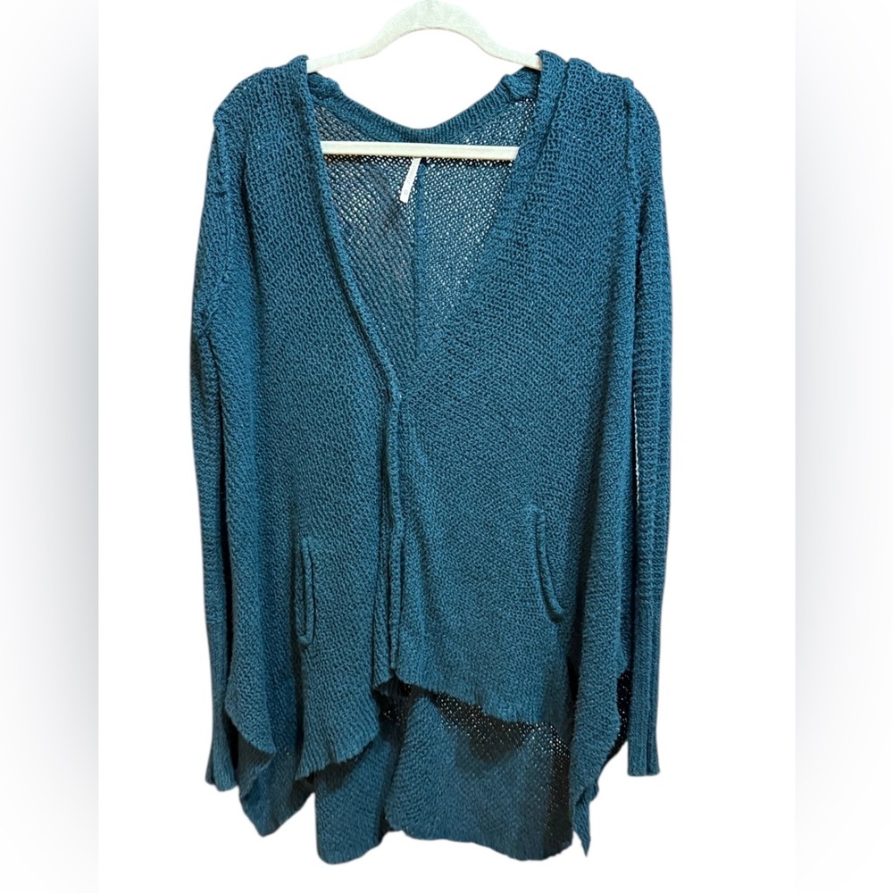 Free‎ People Asymmetrical Cardigan Sweater Teal Knit  Oversized Boho Sz XS